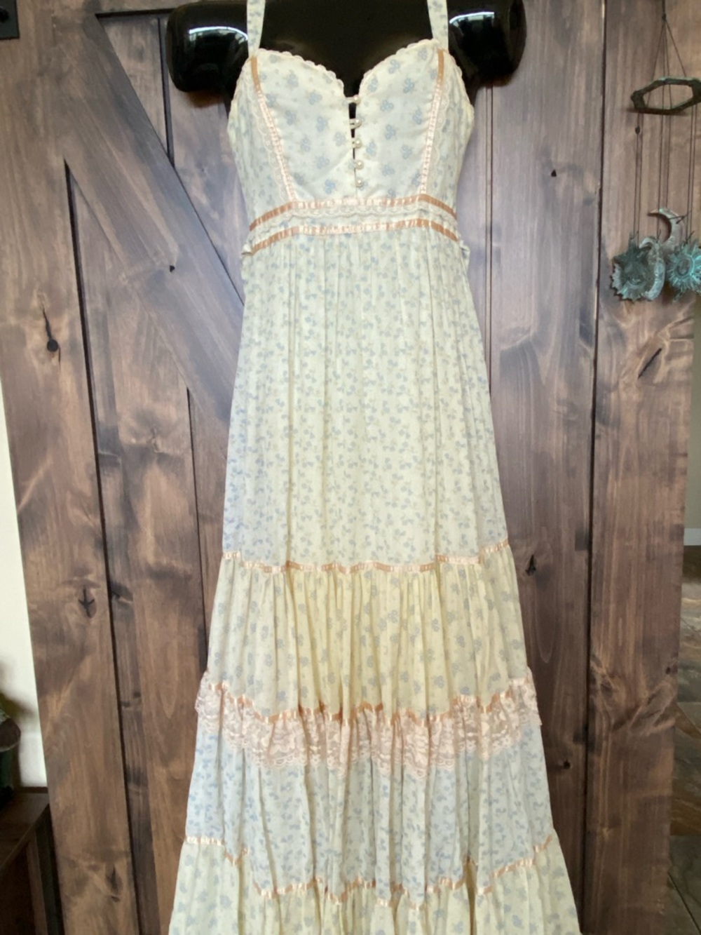 Gunne Sax Cream Dress with Blue Floral Accents and Lace Trim
